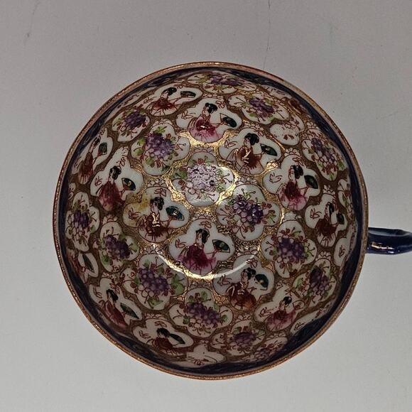 Antique Japanese Geisha Girl Cup Hand Painted Cobalt Blue Floral Gold Moriage - Picture 5 of 6